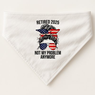 Retirement 2025 Women Retired 2025 Not My Problem Anymore Messy Bun Us Flag USA-Made Doggie Bandana