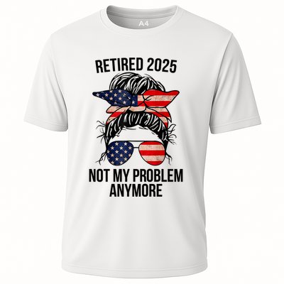 Retirement 2025 Women Retired 2025 Not My Problem Anymore Messy Bun Us Flag Performance Shirt