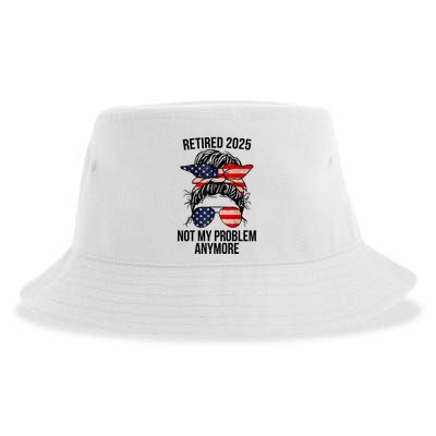 Retirement 2025 Women Retired 2025 Not My Problem Anymore Messy Bun Us Flag Sustainable Bucket Hat