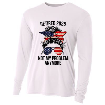 Retirement 2025 Women Retired 2025 Not My Problem Anymore Messy Bun Us Flag Cooling Performance Long Sleeve Crew
