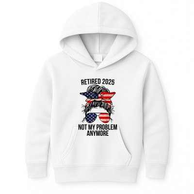 Retirement 2025 Women Retired 2025 Not My Problem Anymore Messy Bun Us Flag Kids Hoodie