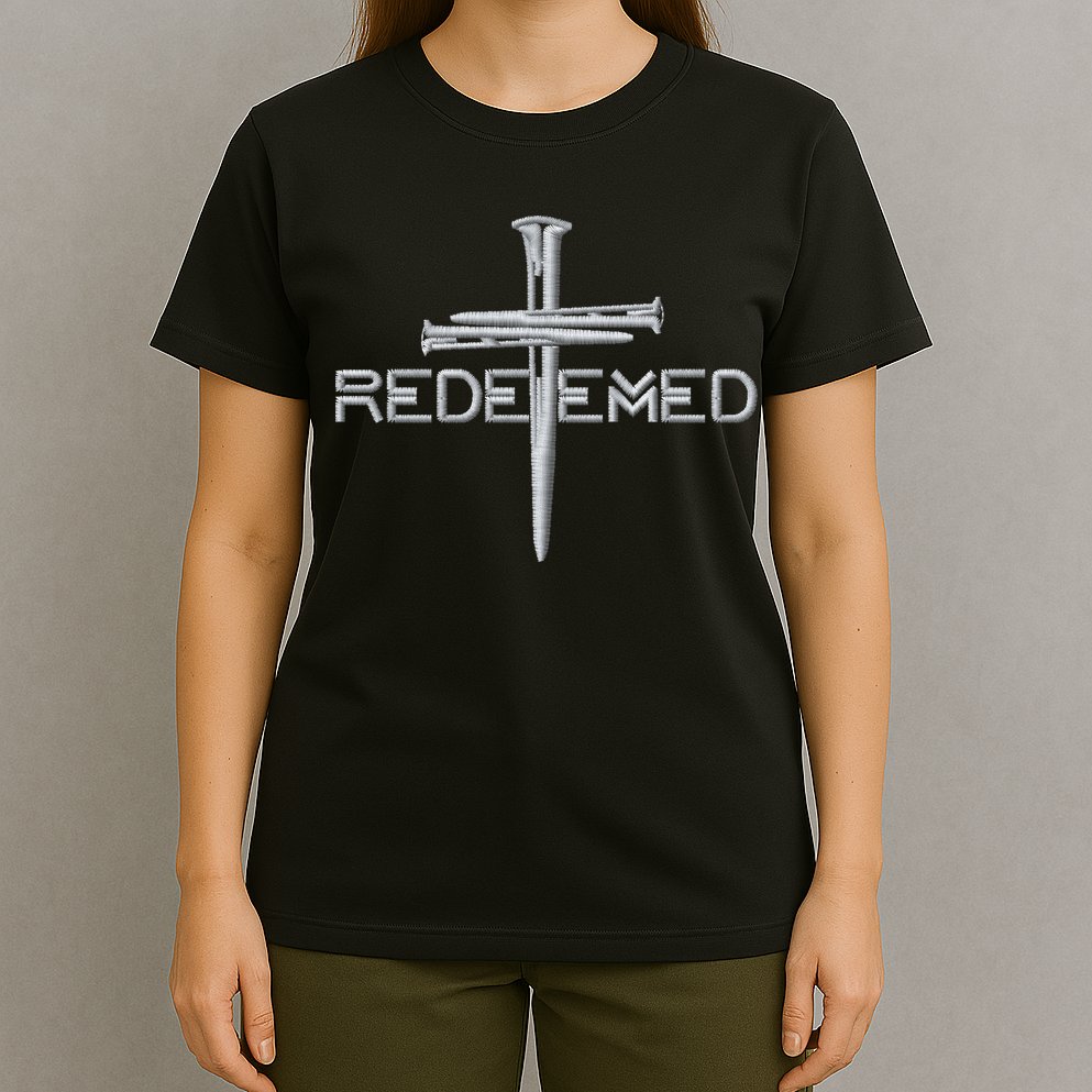 Redeemed 3 Nails Cross By Jesus Christ Christian Faith Embroidered Embroidered T-Shirt