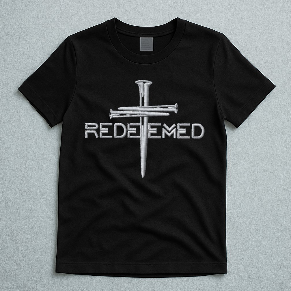 Redeemed 3 Nails Cross By Jesus Christ Christian Faith Embroidered Embroidered T-Shirt
