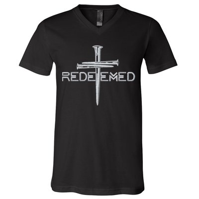 Redeemed 3 Nails Cross By Jesus Christ Christian Faith Embroidered Embroidered V-Neck T-Shirt