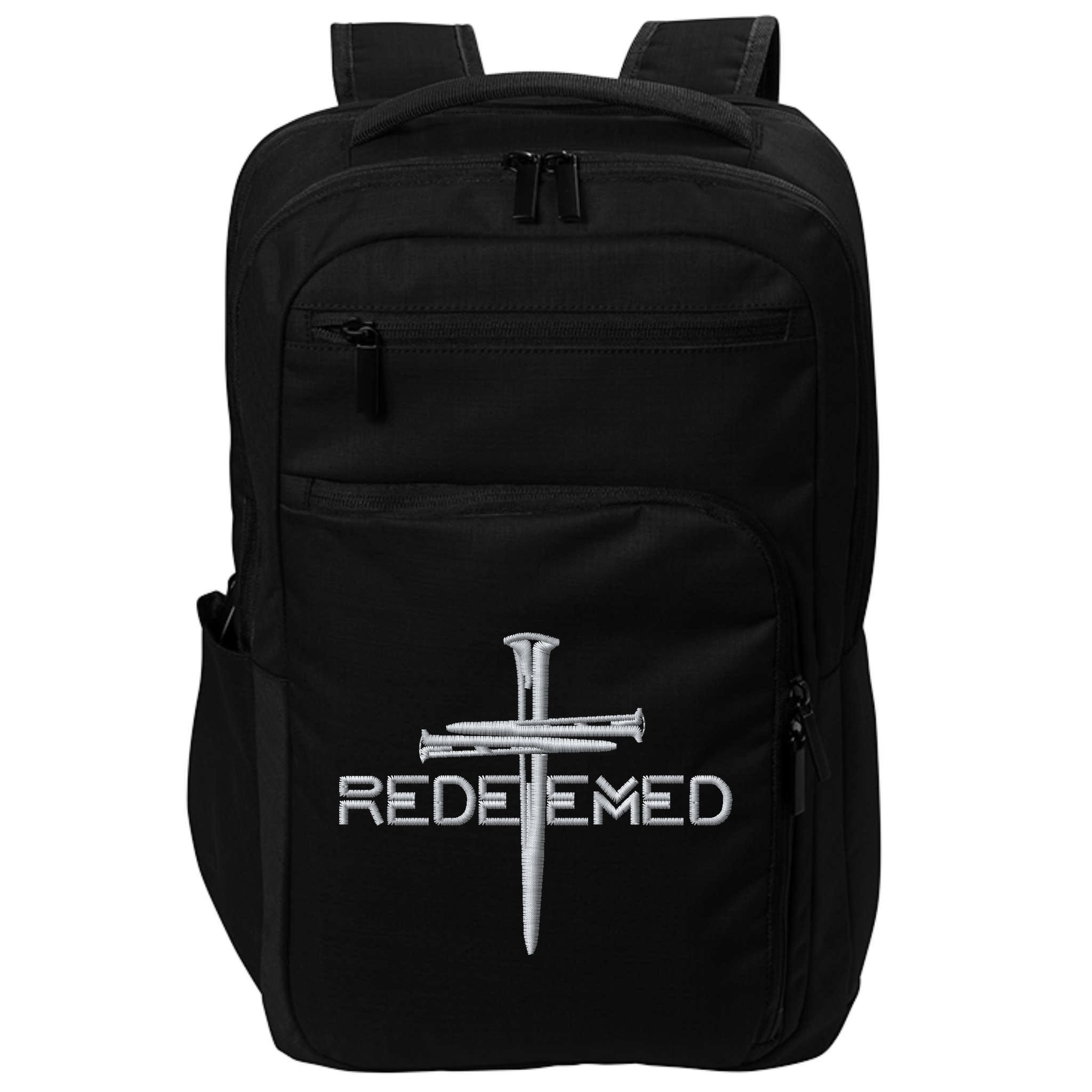 Redeemed 3 Nails Cross By Jesus Christ Christian Faith Embroidered Embroidered Impact Tech Backpack