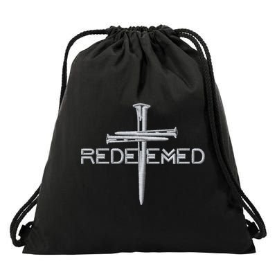 Redeemed 3 Nails Cross By Jesus Christ Christian Faith Embroidered Embroidered Drawstring Bag