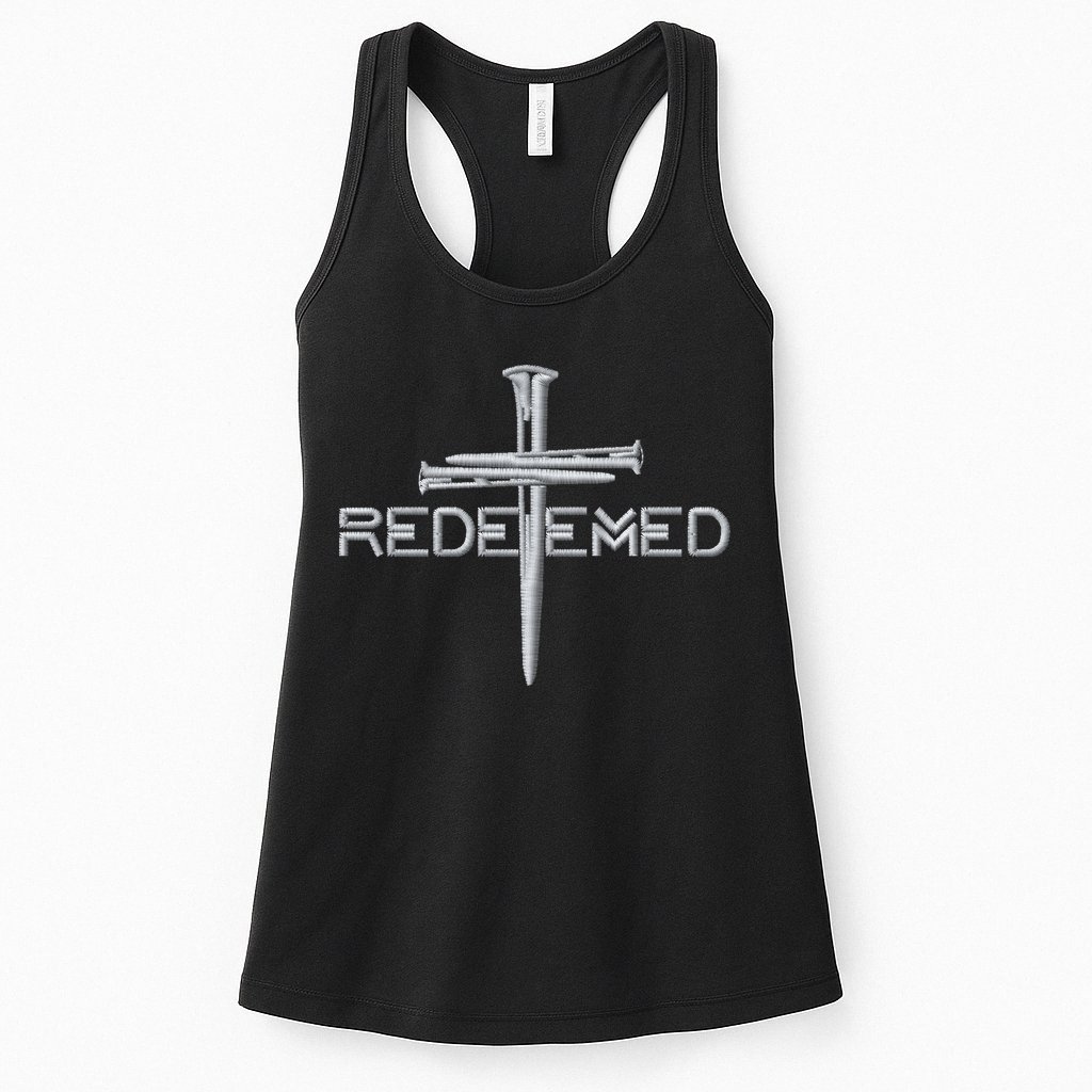 Redeemed 3 Nails Cross By Jesus Christ Christian Faith Embroidered Embroidered Womens Tank Top