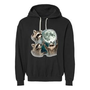 Raccoon 3 Racoons Howling At Moon Garment-Dyed Fleece Hoodie