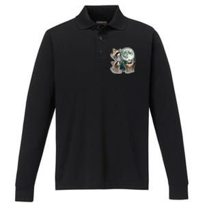 Raccoon 3 Racoons Howling At Moon Performance Long Sleeve Polo