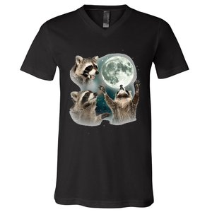 Raccoon 3 Racoons Howling At Moon V-Neck T-Shirt