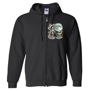 Raccoon 3 Racoons Howling At Moon Full Zip Hoodie