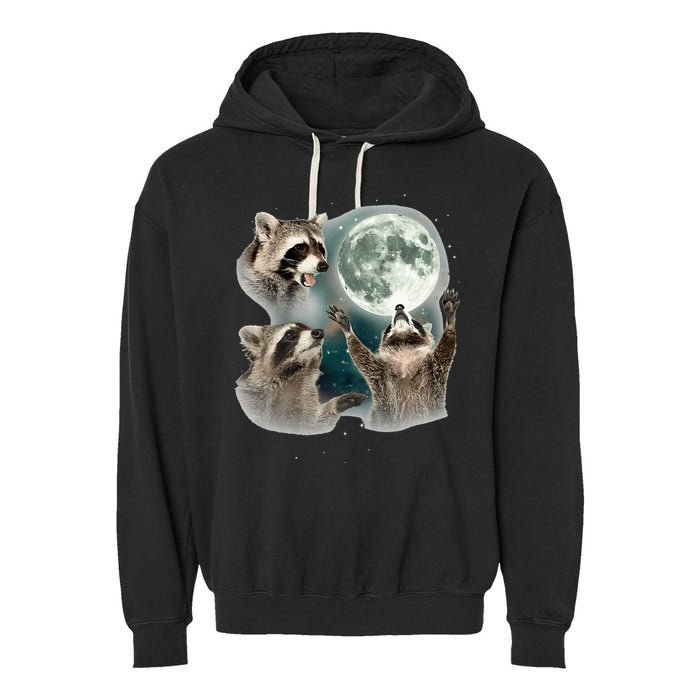 Raccoon 3 Racoons Howling At Moon Funny Weird Cursed Garment-Dyed Fleece Hoodie