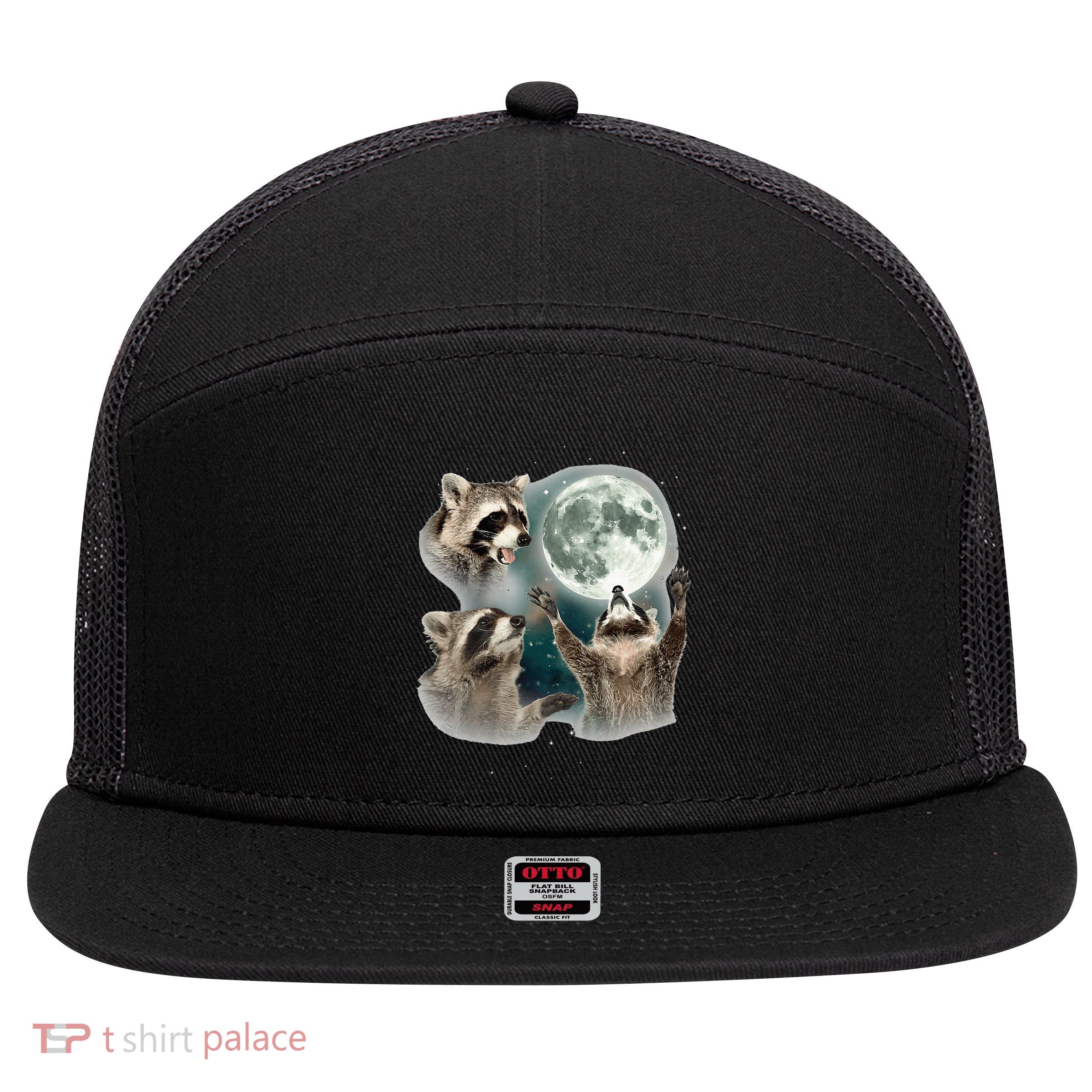 Raccoon 3 Racoons Howling At Moon Funny Weird Cursed 7 Panel Mesh Trucker Snapback Hat