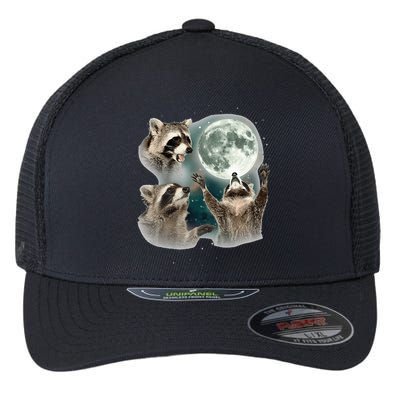 Raccoon 3 Racoons Howling At Moon Funny Weird Cursed Flexfit Unipanel Trucker Cap