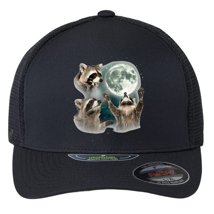 Raccoon 3 Racoons Howling At Moon Funny Weird Cursed Flexfit Unipanel Trucker Cap