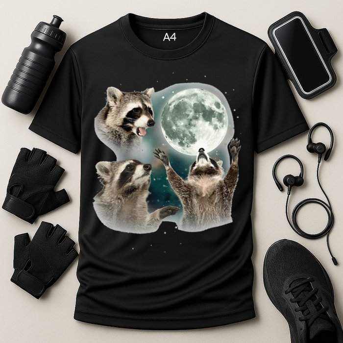 Raccoon 3 Racoons Howling At Moon Funny Weird Cursed Performance Shirt