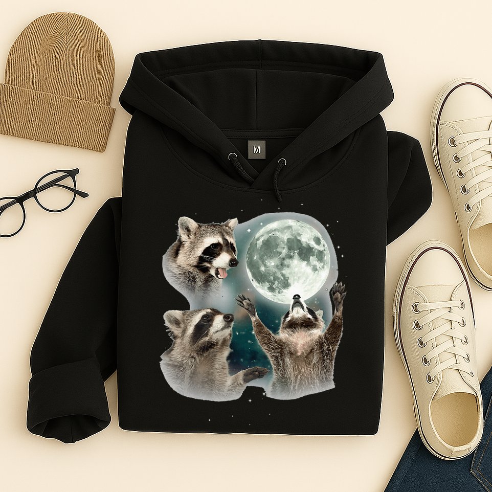 Raccoon 3 Racoons Howling At Moon Funny Weird Cursed Hoodie