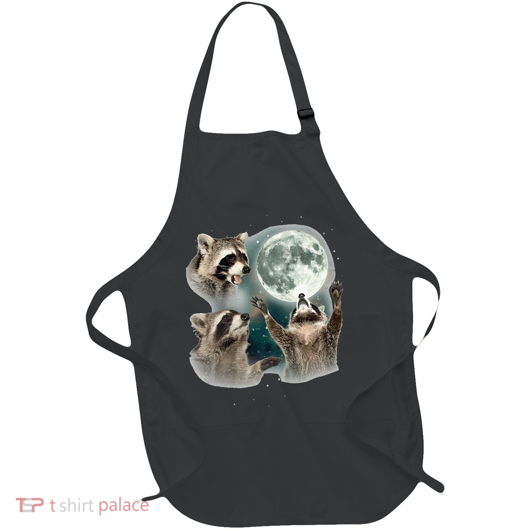 Raccoon 3 Racoons Howling At Moon Funny Weird Cursed Full-Length Apron With Pockets