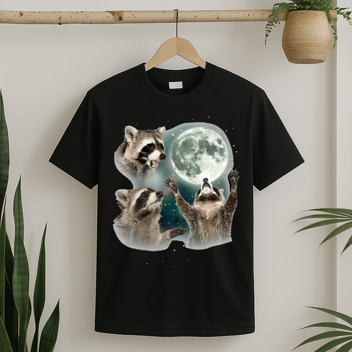 Raccoon 3 Racoons Howling At Moon Funny Weird Cursed T-Shirt