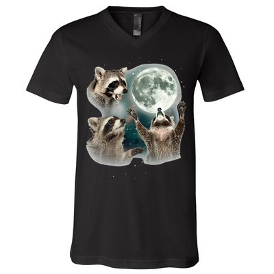 Raccoon 3 Racoons Howling At Moon Funny Weird Cursed V-Neck T-Shirt