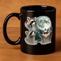 Raccoon 3 Racoons Howling At Moon Funny Weird Cursed 11oz C Handle Ceramic Mug