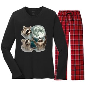 Raccoon 3 Racoons Howling At Moon Funny Weird Cursed Women's Long Sleeve Flannel Pajama Set 