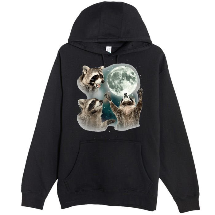 Raccoon 3 Racoons Howling At Moon Funny Weird Cursed Premium Pullover Hoodie