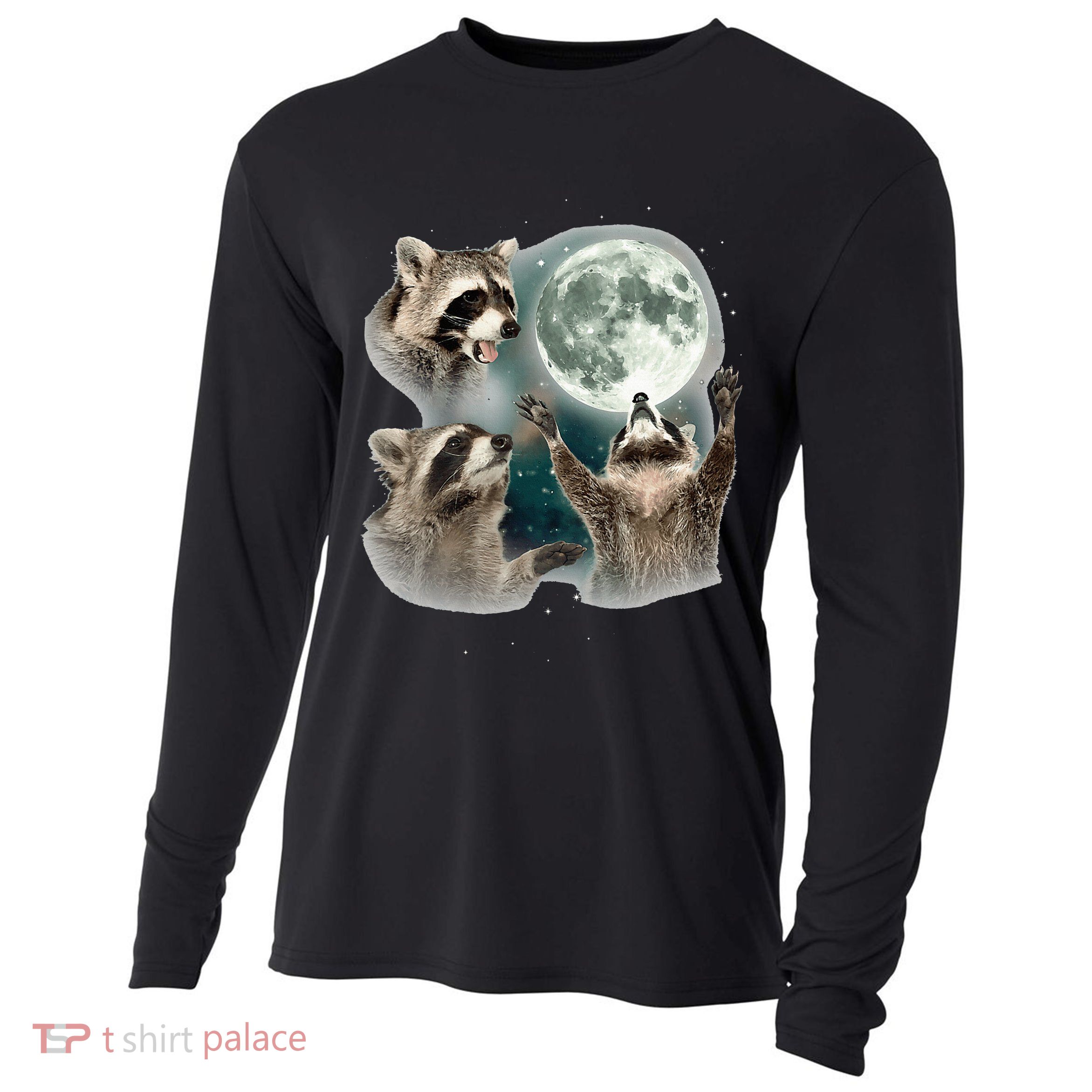 Raccoon 3 Racoons Howling At Moon Funny Weird Cursed Cooling Performance Long Sleeve Crew