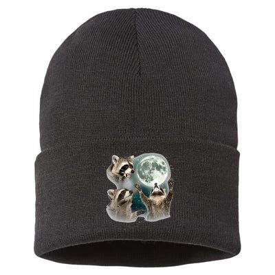 Raccoon 3 Racoons Howling At Moon Funny Weird Cursed Sustainable Knit Beanie