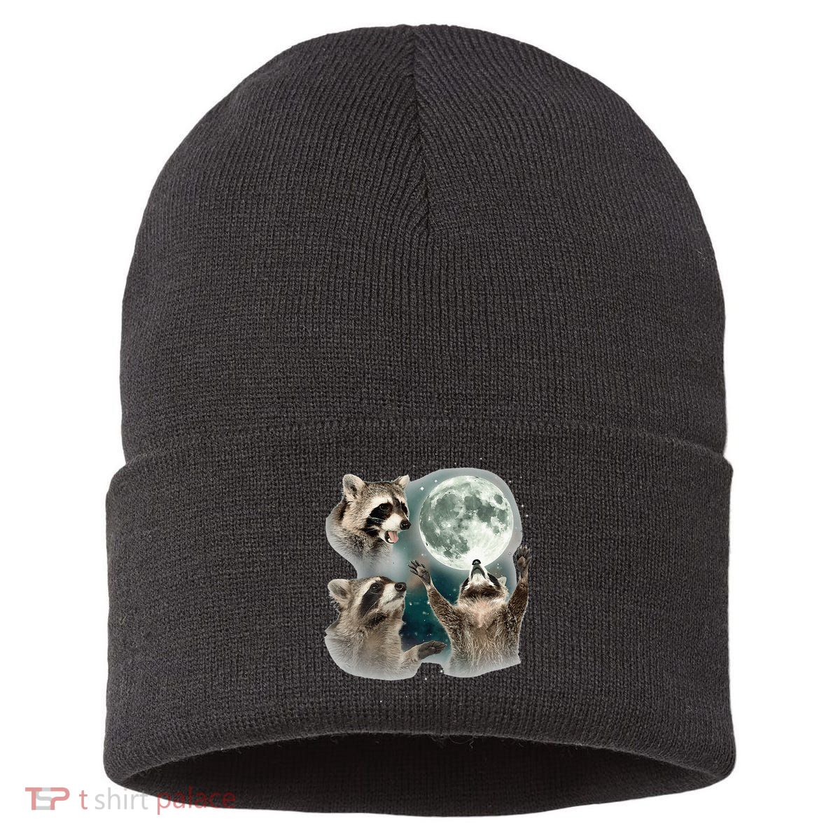 Raccoon 3 Racoons Howling At Moon Funny Weird Cursed Sustainable Knit Beanie