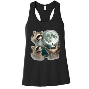 Raccoon 3 Racoons Howling At Moon Funny Weird Cursed Women's Racerback Tank