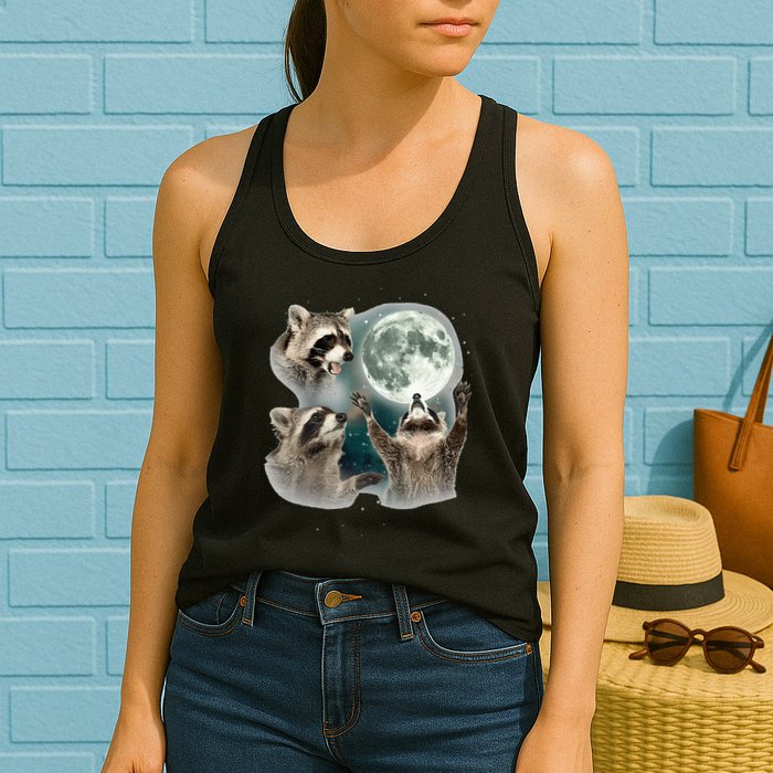 Raccoon 3 Racoons Howling At Moon Funny Weird Cursed Womens Tank Top