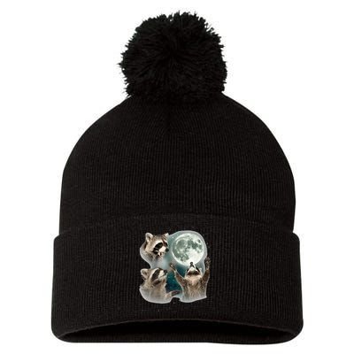Raccoon 3 Racoons Howling At Moon Funny Weird Cursed Pom Pom 12in Knit Beanie