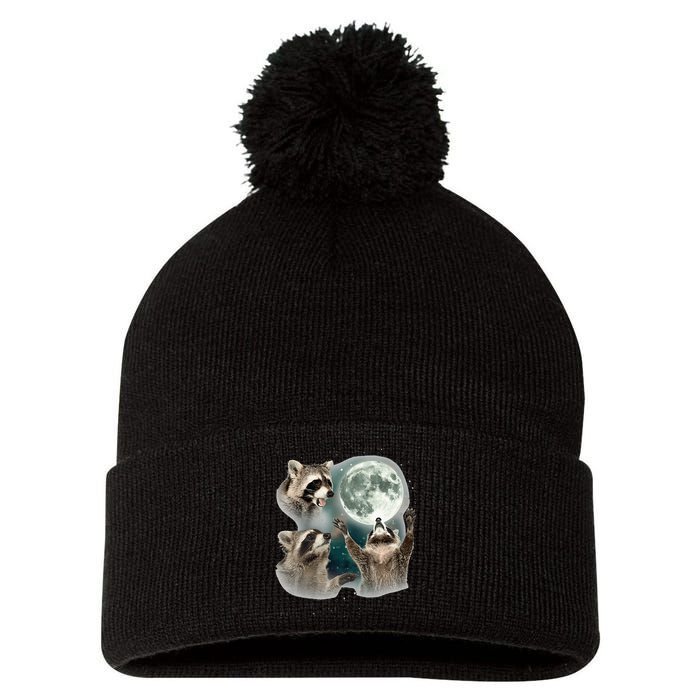 Raccoon 3 Racoons Howling At Moon Funny Weird Cursed Pom Pom 12in Knit Beanie