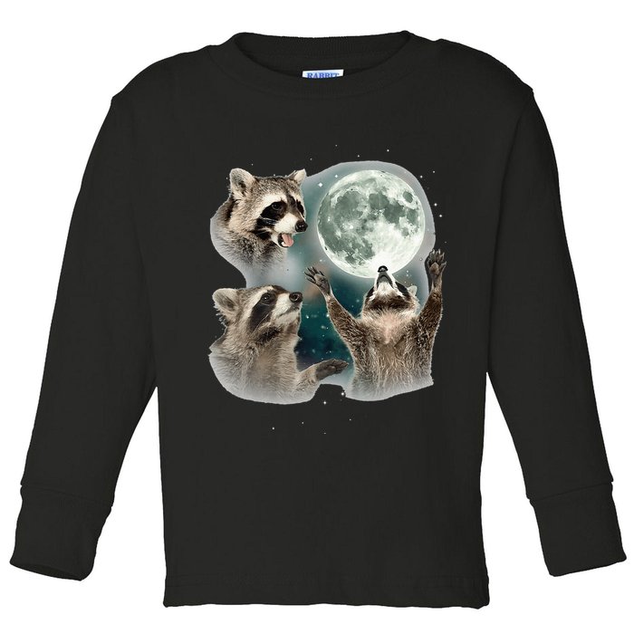 Raccoon 3 Racoons Howling At Moon Funny Weird Cursed Toddler Long Sleeve Shirt