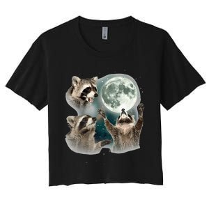 Raccoon 3 Racoons Howling At Moon Funny Weird Cursed Women's Crop Top Tee