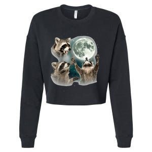 Raccoon 3 Racoons Howling At Moon Funny Weird Cursed Cropped Pullover Crew