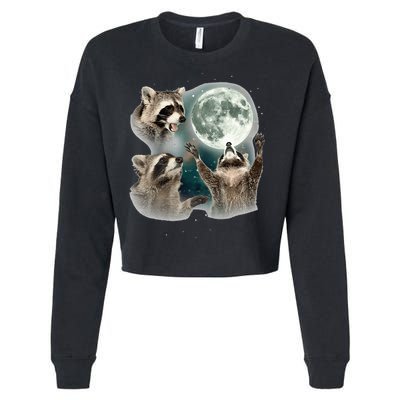 Raccoon 3 Racoons Howling At Moon Funny Weird Cursed Cropped Pullover Crew