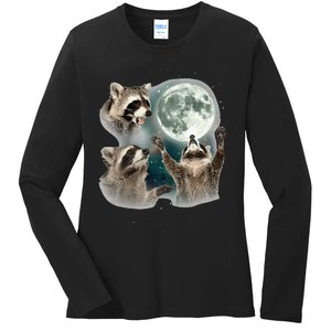 Raccoon 3 Racoons Howling At Moon Funny Weird Cursed Ladies Long Sleeve Shirt