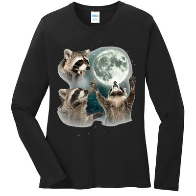 Raccoon 3 Racoons Howling At Moon Funny Weird Cursed Ladies Long Sleeve Shirt