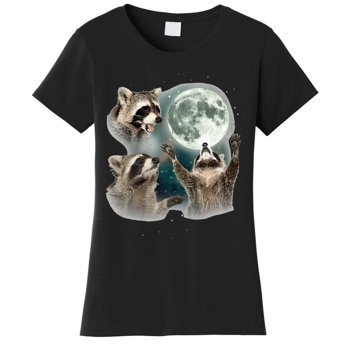 Raccoon 3 Racoons Howling At Moon Funny Weird Cursed Women's T-Shirt