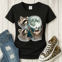 Raccoon 3 Racoons Howling At Moon Funny Weird Cursed Womens T-Shirt