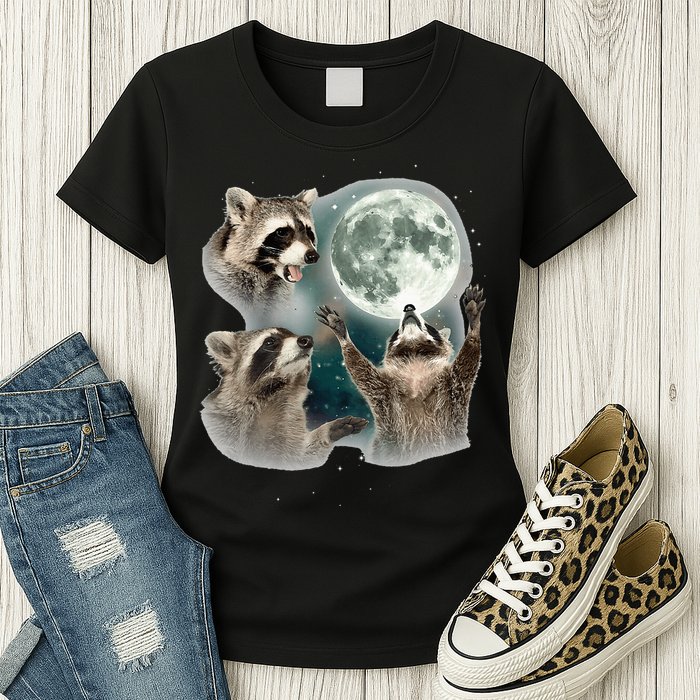 Raccoon 3 Racoons Howling At Moon Funny Weird Cursed Womens T-Shirt