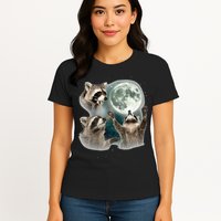 Raccoon 3 Racoons Howling At Moon Funny Weird Cursed Womens T-Shirt