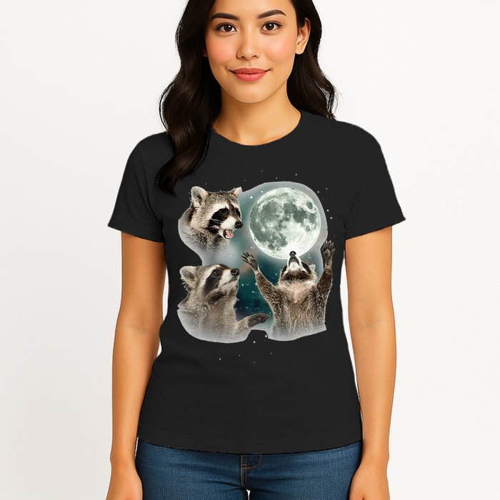 Raccoon 3 Racoons Howling At Moon Funny Weird Cursed Womens T-Shirt