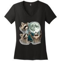 Raccoon 3 Racoons Howling At Moon Funny Weird Cursed Women's V-Neck T-Shirt