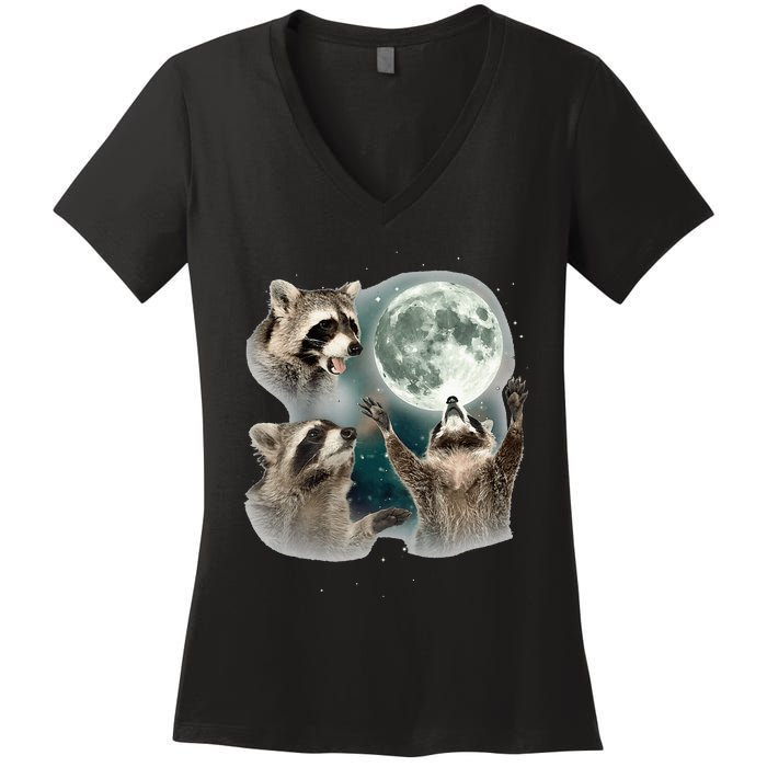 Raccoon 3 Racoons Howling At Moon Funny Weird Cursed Women's V-Neck T-Shirt