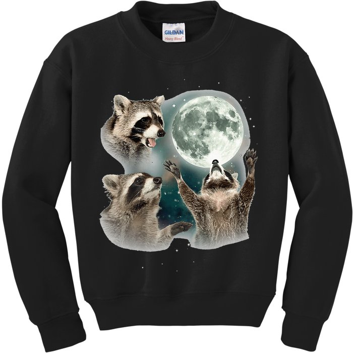 Raccoon 3 Racoons Howling At Moon Funny Weird Cursed Kids Sweatshirt