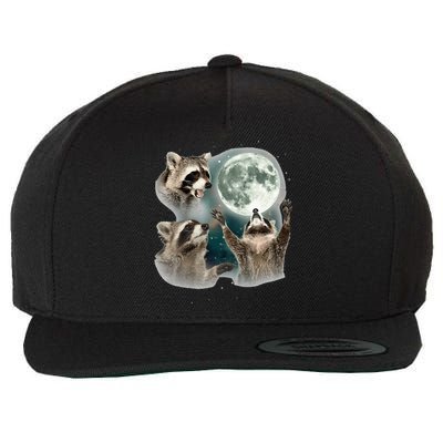 Raccoon 3 Racoons Howling At Moon Funny Weird Cursed Wool Snapback Cap