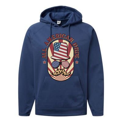 Retro 4th Of July Funny Gift Red White Blue Usa All American Dude Gift Performance Fleece Hoodie